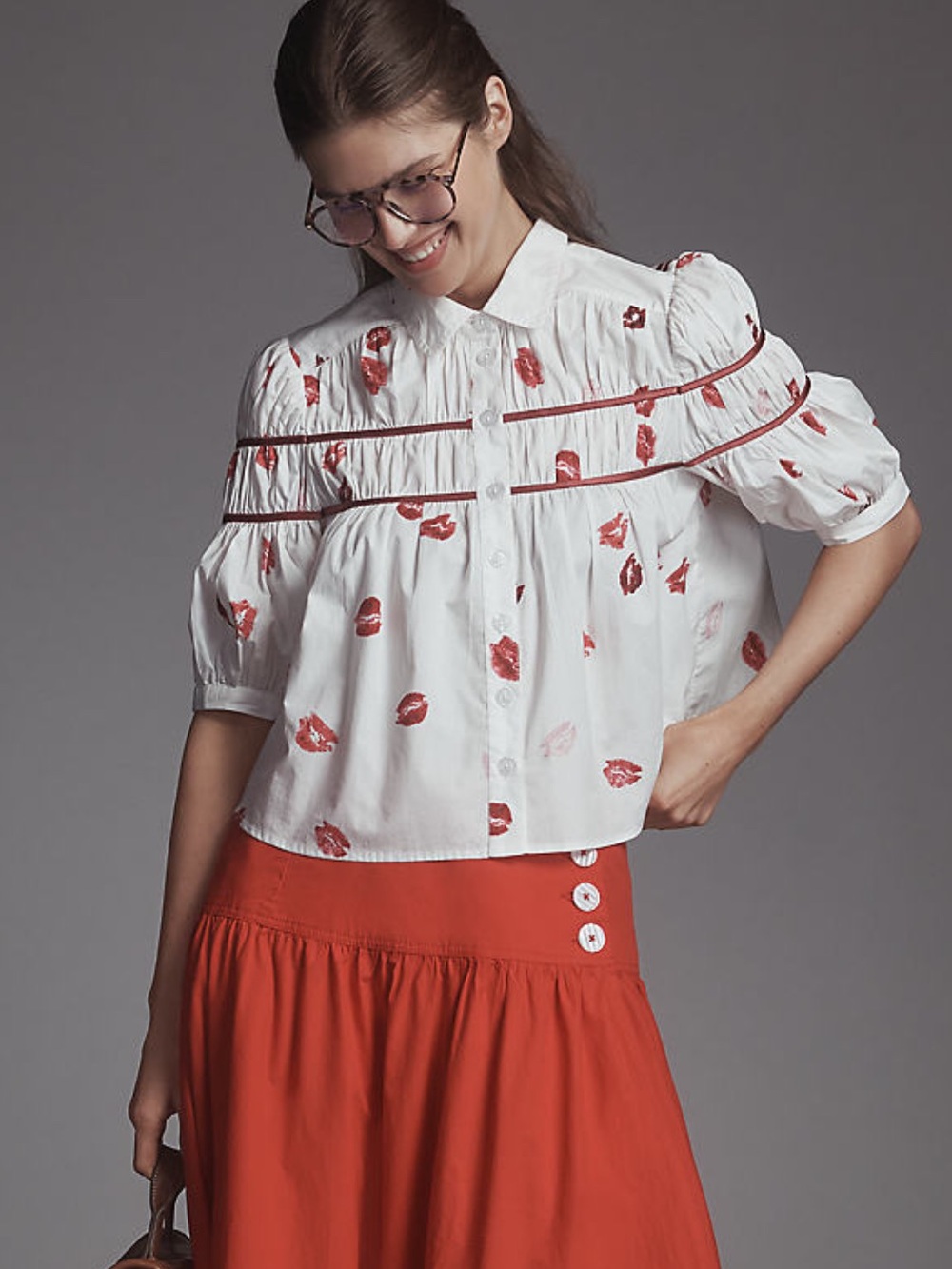 Maeve White Blouse with Red Lip Print and Shirred Yoke